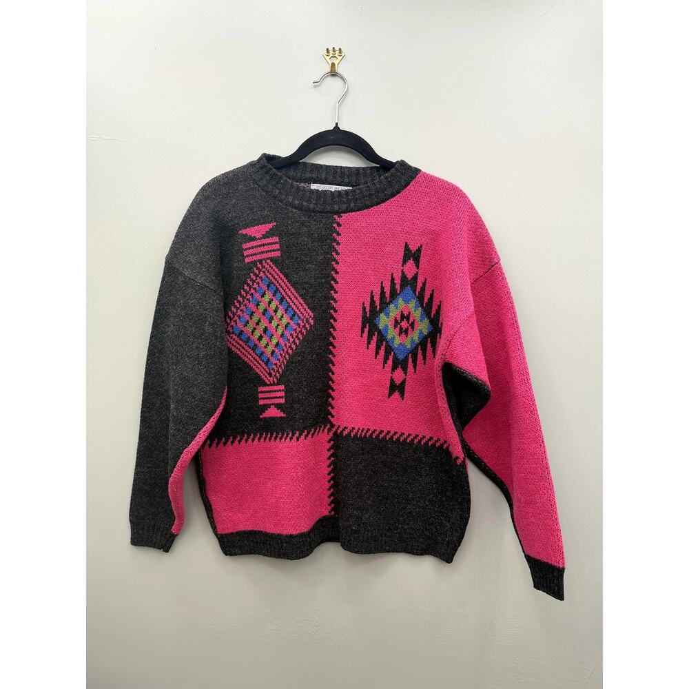 Vintage Southwestern Sweater Pink Black Geometric Aztec Knit Oversized 90s